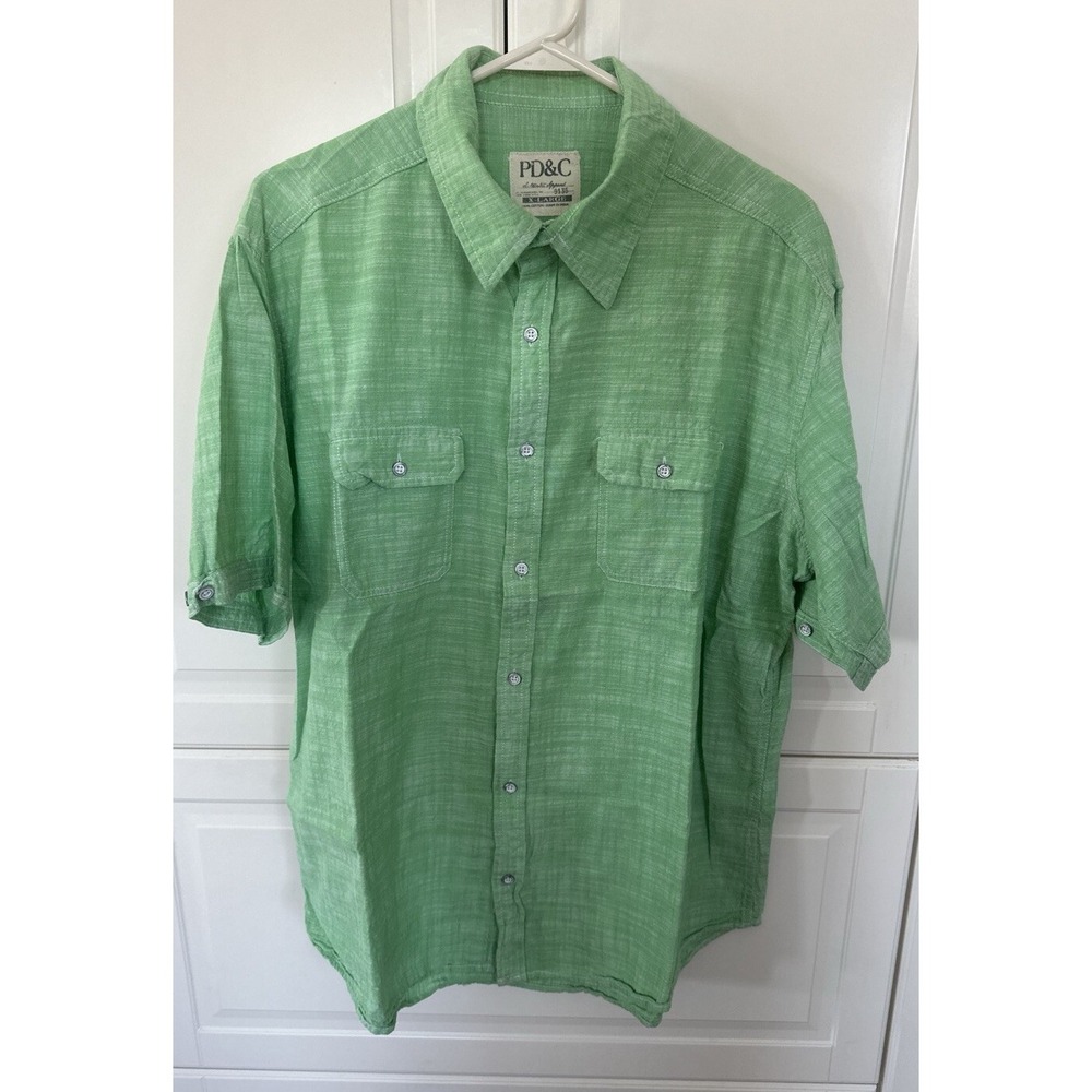 PD&C Men's XL Green  Solid 2 Pocket Short Sleeve Button-Up Shirt